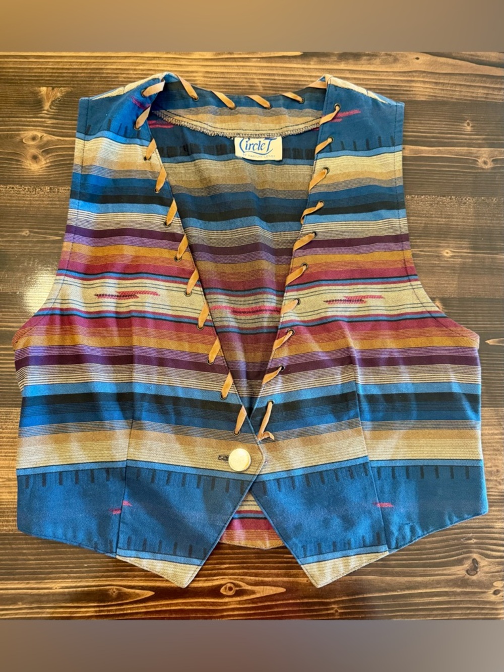 Vintage Circle T Blue and Tan Striped Western Vest with Suede Trim‎